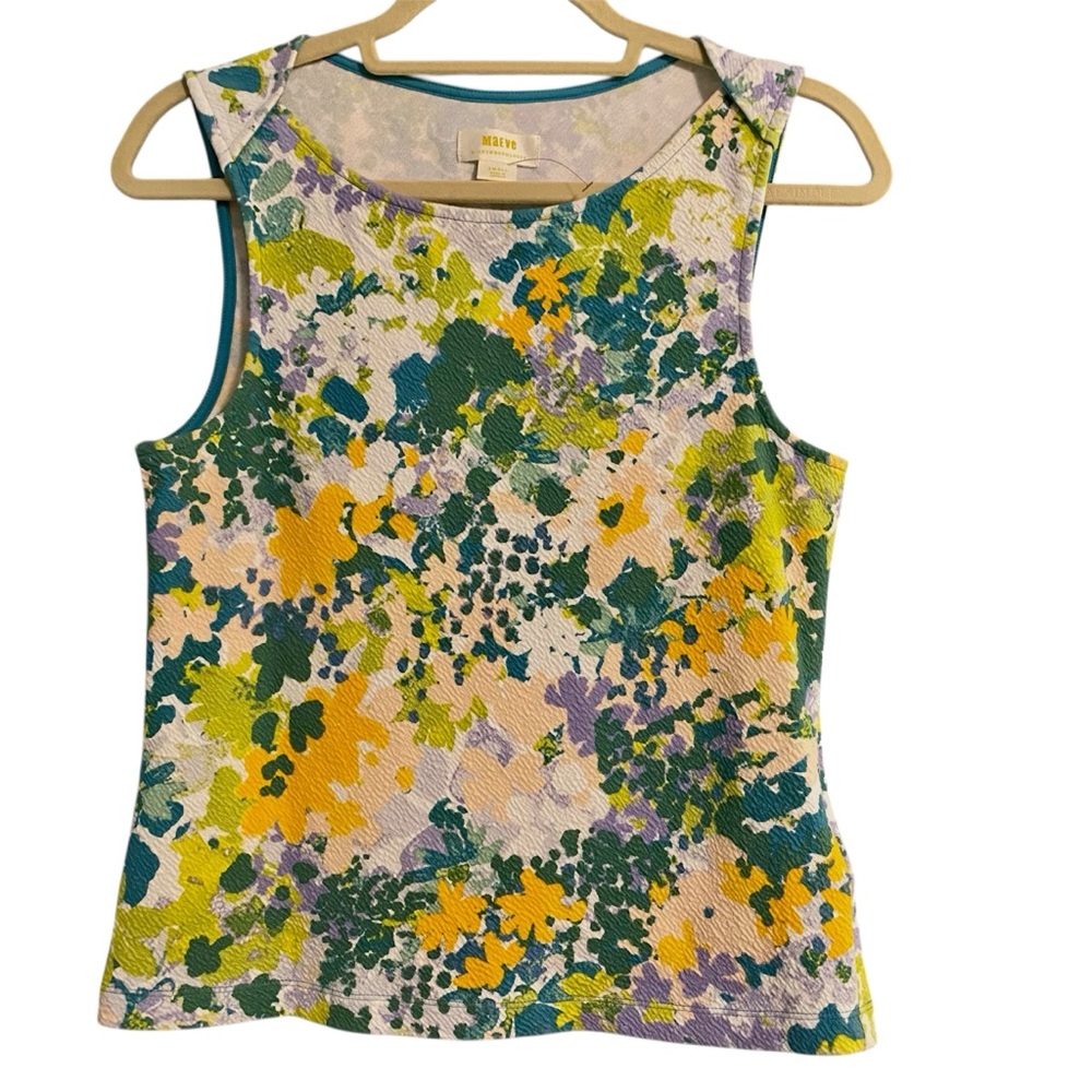 Maeve Floral Textured Boat Neck Scoop Tank Top in Yellow, Green & Lavender Sz S
